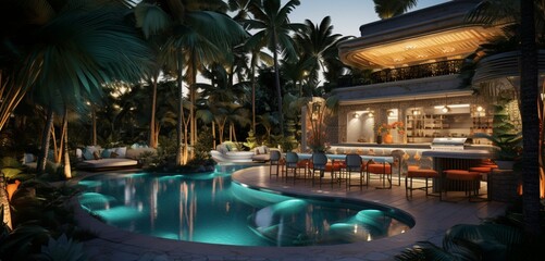 Fototapeta na wymiar A captivating luxury backyard with a pool displaying 3D intricate patterns in neon emerald, electric beige, and sun-kissed orange,