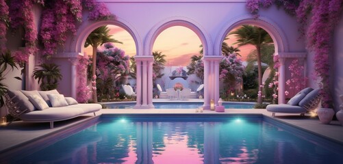 A luxury backyard featuring a pool with 3D patterns in bright lavender, neon coral, and radiant mint, set against a backdrop of an elegant stone archway and a modern zen garden, in