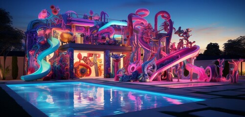 A luxury backyard featuring a pool with 3D intricate patterns in neon garnet, electric azure, and...