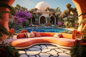 Obraz na płótnie Canvas A luxury backyard oasis with a pool featuring intricate 3D patterns in bright orange, sky blue, and radiant pink, surrounded by a lush garden and a tranquil meditation area, captured in