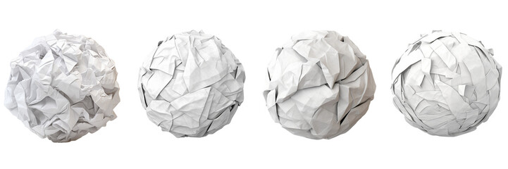 Set of crumpled paper ball isolated on white or transparent background