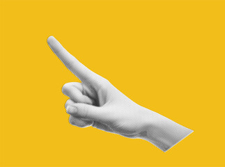 Hand in the style of a renaissance painting. Reaches upward with a finger. Collage element in halftone effect. Pop art illustration on bright yellow background. Vector png
