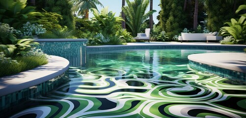 A backyard pool with bright lime and silver 3D patterns, surrounded by a serene garden, in - obrazy, fototapety, plakaty