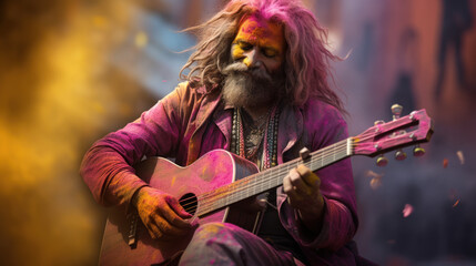 Obraz na płótnie Canvas A traditional musician playing at a Holi event.
