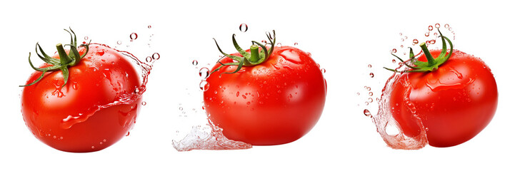 Set of fresh red tomato with water drop and without isolated on white or transparent background