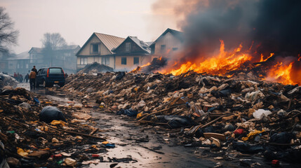 city on fire with garbage and pollution