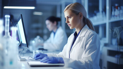 copy space, stockphoto, young woman scientist with white labcoat and a modern Medical Laboratory with Team of labtechnicians in the background. International Day of Women and Girls in Science.
