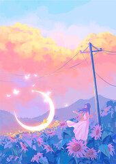 landscape with a n anime girl and evening original art