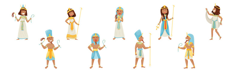Egyptian Pharaoh and Deities Wearing Antique Clothing Vector Set