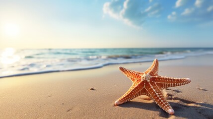 Fototapeta na wymiar Travel vacation ideas include a starfish on a sunny beach in the ocean backdrop.