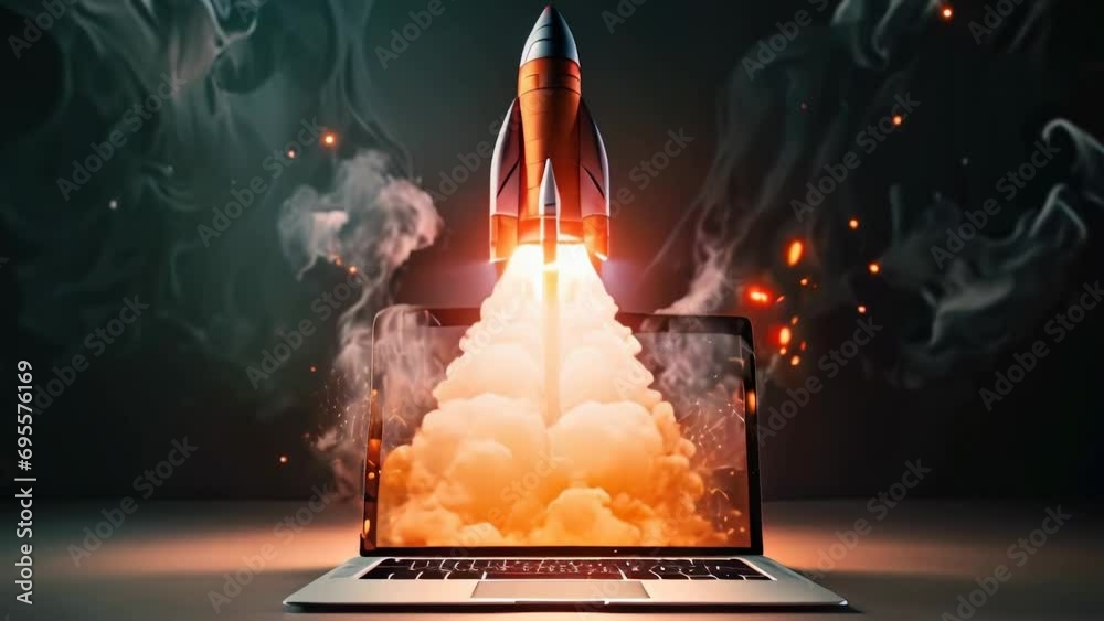 Wall mural animation of rocket coming out of computer