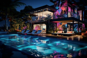 A contemporary backyard with a pool surrounded by neon-lit landscaping, reflecting 3D intricate, vibrant neon patterns in the water, neon nightscape