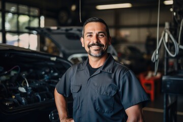 Fototapeta na wymiar Portrait of a middle aged car mechanic in repair shop
