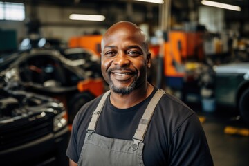 Fototapeta premium Portrait of a middle aged car mechanic in repair shop