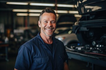 Fototapeta premium Portrait of a middle aged car mechanic in repair shop