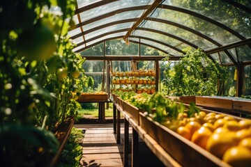Interior of organic greenhouse with fruit and vegetables - obrazy, fototapety, plakaty
