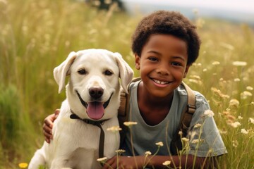 Smiling portrait of a young boy with pet dog in park - obrazy, fototapety, plakaty