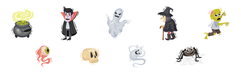 Halloween with Zombie, Ghost, Vampire, Cauldron and Witch Vector Set