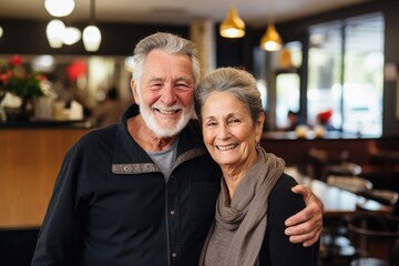 Fototapeta na wymiar Portrait of a happy senior couple small business owners in restaurant