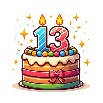 13 year old birthday cake or 13 year anniversary cake celebration with balloons and party decoration transparent background	