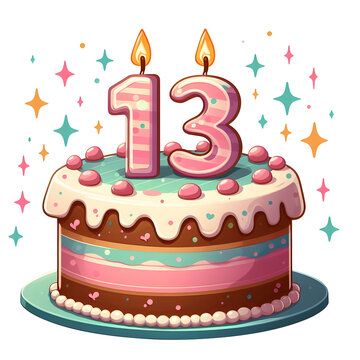 13 year old birthday cake or 13 year anniversary cake celebration with balloons and party decoration transparent background	