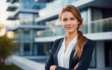 Property manager woman in front of a modern apartment house