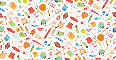 Seamless pattern with school supplies.School and education seamless pattern.Back to school  pattern. Study tools background. School sports.Isolated on white background.Vector flat illustration. - obrazy, fototapety, plakaty