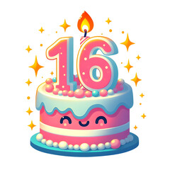 16 year old birthday cake or 16 year anniversary cake celebration with balloons and party decoration transparent background	