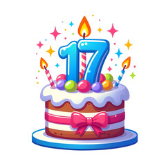 17 year old birthday cake or 17 year anniversary cake celebration with balloons and party decoration transparent background