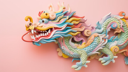 colorful wooden dragon chinese new year 2024, pastel colors pink background 