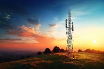 telecommunication tower at sunset - obrazy, fototapety, plakaty