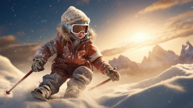 little boy having fun in the snow skiing