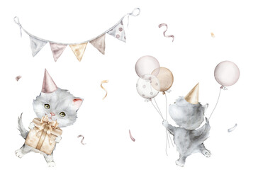 Set for Birthday pastel color. Little gray cat and balloon. Watercolor hand drawn. Gift boxe with bows isolated on white background. Spotted kittens for kid. Garland with flags and party hats cap