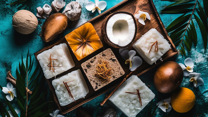 Variety of options handmade soaps with fresh tropical fruits and flowers on wooden background top view. Spa, hygiene, cleanliness, body care concept - obrazy, fototapety, plakaty