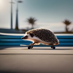 A portrait of a trendy hedgehog in a leather jacket and boots, riding a skateboard3