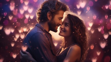 Lovely couple surrounded by heart bokeh background