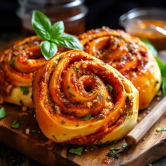 Obraz na płótnie Canvas Freshly baked red pesto bread scrolls arranged on a rustic wooden board. The bread scrolls are perfectly golden-brown. Close up