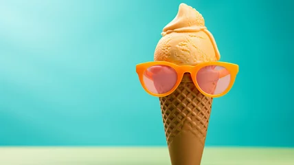 Poster Summer creative layout with ice cream cone and sunglasses on pastel background. 80s or 90s retro fashion aesthetic ice cream concept. Minimal summer idea. Blue sunny holiday sky. Copy space © annebel146