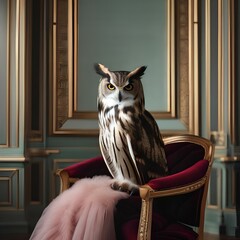 A portrait of an elegant owl in a velvet gown and pearls, sitting in a grand chair2