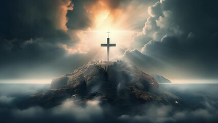 holy cross symbolizing the death and resurrection of Jesus Christ with The sky over Golgotha Hill is shrouded in light and clouds