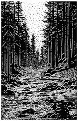 forest scene, made with halftone technique & linocut