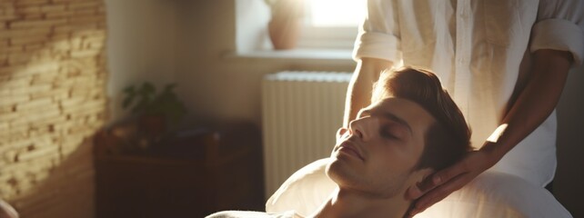 Relaxing Access Bars Therapy Session with Sunlight. A man enjoys a calming Access Bars session, with a practitioner's hands on her head, Access Bars are 32 points on head gently touched