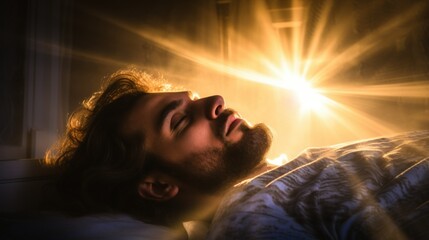 Healing Power of an Angel in Mystical Light. angel healing a man lying in white bed in the rays of light, embodying the powerful serenity of divine intervention.