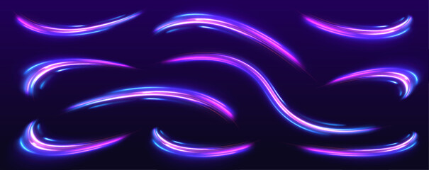 Neon stripes in the form of a sow road or a racing track. light road in the form of a swirl, neon color. Speed line with sports cars. Technology stream design illustration.	
