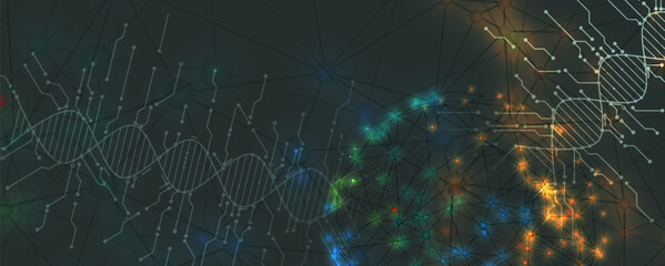Abstract artificial intelligence DNA technology. Science and social concept.  Futuristic connection structure with cell background - obrazy, fototapety, plakaty