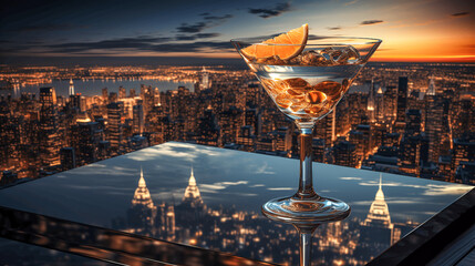 cocktail in the bar at night with view on the skyline of a city