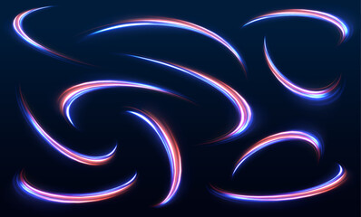 Big set of light neon lines in the form of swirl and spirals. Light arc in neon colors, in the form of a turn and a zigzag. Technology stream design illustration.	