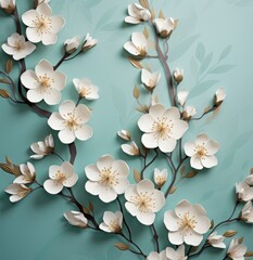 a white background with branches of flower blossom on a green background