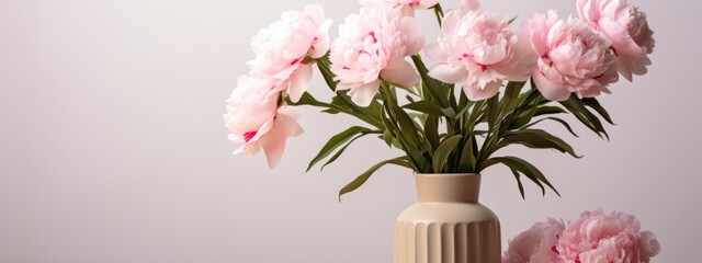 a vase containing pink peonies next to a white background