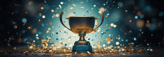 a trophy on a blue background with confetti scattered around - obrazy, fototapety, plakaty